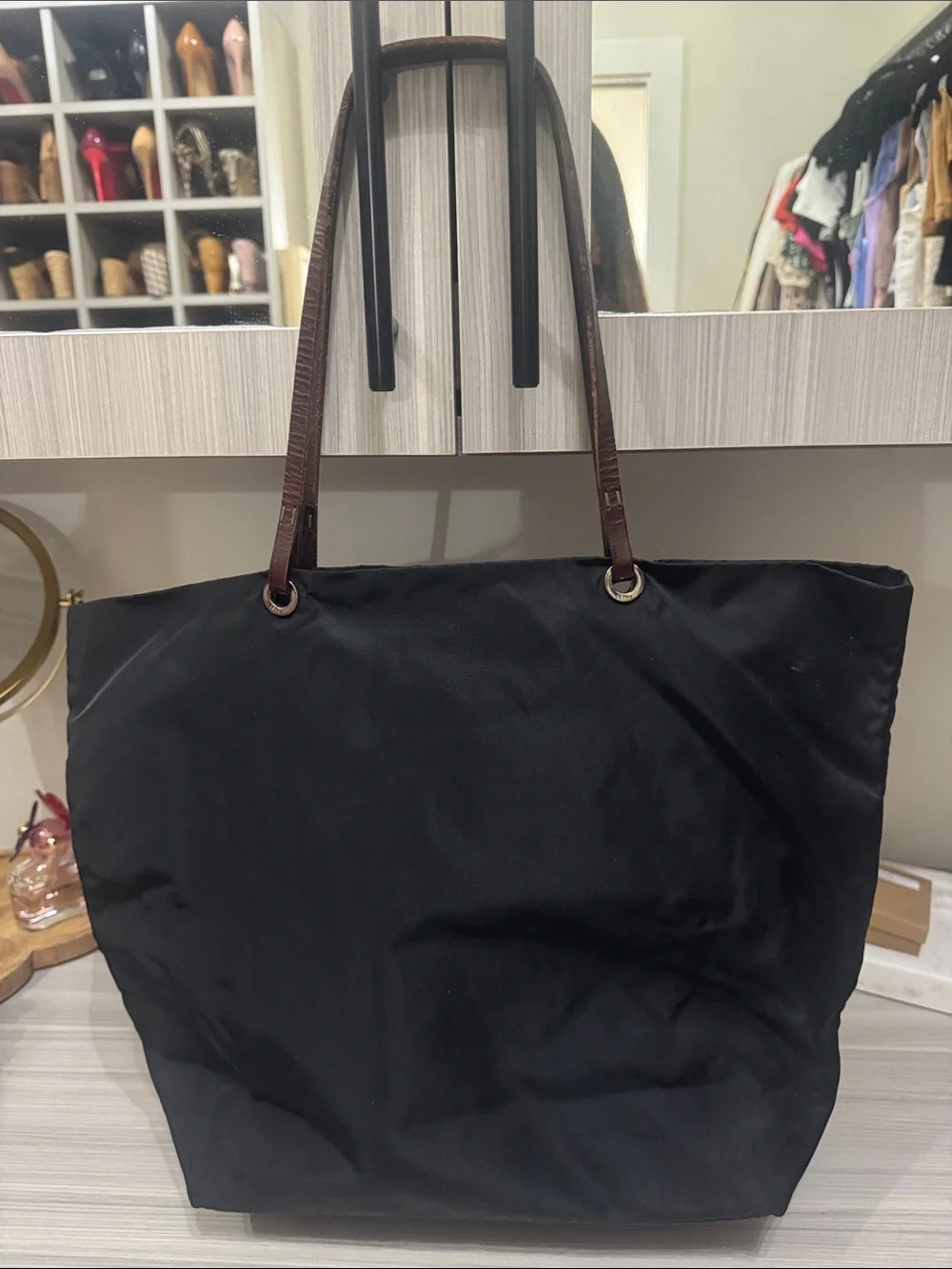 Fendi Black Tote with Brown Leather Handles
